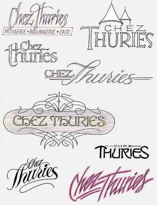 'Back in the day' graphic artists sketched designs on paper, worked out the details, and prepared 'comprehensives' for clients to see and evaluate. These logo designs by artist Eric Wrobbel for French bakery/restaurant Chez Thuries are shown still in rough sketch form. They are from the exploratory phase of design and so are all over the place, style-wise. 1980. More design, roughs, and comps: https://www.ericwrobbel.com/art/chezthuries.htm