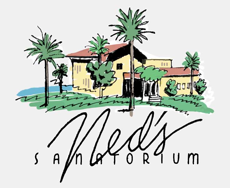 'Ned's Sanatorium' logo used on stationery for an imaginary sanatorium used by members of the imaginary Bessemer Yacht Club in Van Nuys, California. From an assortment of fake, droll stationery hand-drawn and used by artist Eric Wrobbel for correspondence during this period. More here: https://www.ericwrobbel.com/art/fakestationery.htm