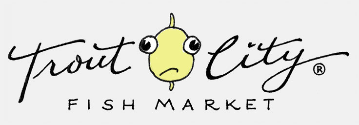 'Trout City Fish Market' logo used on stationery for an imaginary shop/restaurant. The name mocks a trend in the 1970s and '80s to name new businesses 'Something' City. From an assortment of fake, droll stationery hand-drawn and used by artist Eric Wrobbel for correspondence during this period. More here: https://www.ericwrobbel.com/art/fakestationery.htm