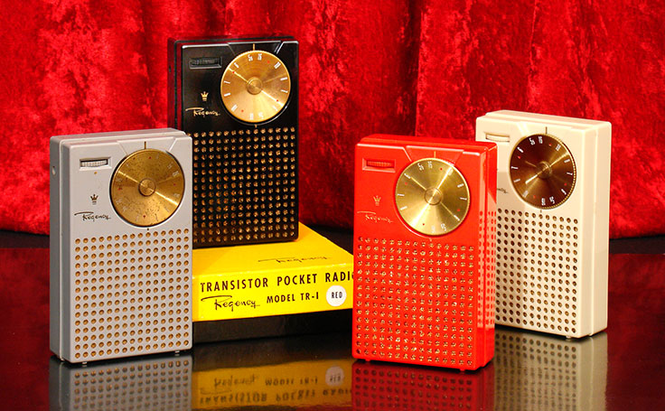Regency TR-1, the world's first transistor radio. Shown here in its four original 1954 colors. Photo by Eric Wrobbel. https://www.ericwrobbel.com/books