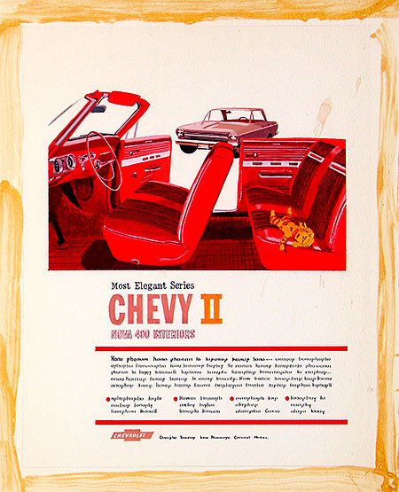 General Motors Chevrolet proposed layout for ad, Chevy II Nova, c.1965. Vintage original advertising art illustration is highly collectible, but very hard to find. Rubber cement remnants around the edges would have originally held a mat. 'Collecting art' has historically meant 'fine' art, as opposed to commercial art. From 'Advertising Illustration' at the web's largest private collection of antiques & collectibles: https://www.ericwrobbel.com/collections/ad-illustration-1.htm