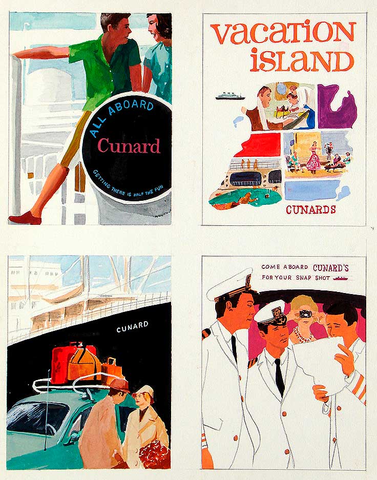 Vintage original advertising art on illustration board for Cunard. Drawn and painted directly on the boards. Unsigned, but the boards are stamped David Garrett Jr. To say one 'collects art' has historically meant the collecting of what is called 'fine' art, as opposed to commercial art. That is changing. Cunard's. From 'Advertising Illustration' at the web's largest private collection of antiques & collectibles: https://www.ericwrobbel.com/collections/ad-illustration-1.htm