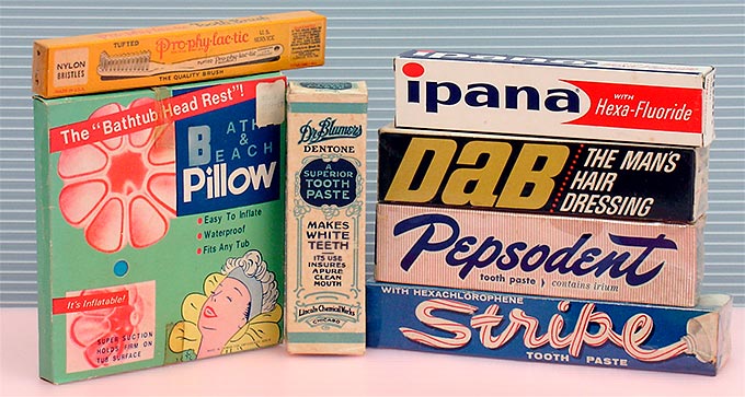 Pro-phy-lac-tic 'U.S. Service' toothbrush, 'Bathtub Head Rest' pillow, Dr. Blumers 'Dentone' Tooth Paste, Ipana toothpaste with Hexa-Fluoride, Dab, 'The Man's Hair Dressing,' Du Sharme Products, c.1971. Pepsodent Tooth Paste 'contains Irium,' Lever Brothers, NY, USA, c.1955. Stripe Tooth Paste 'with Hexachlorophene,' Lever Brothers, NY, c.1960. From 'Bathroom Collectibles' at the web's largest private collection of antiques & collectibles: https://www.ericwrobbel.com/collections/bathroom-1.htm