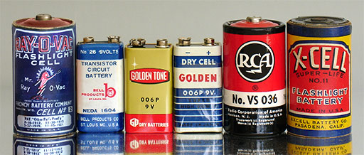 Vintage batteries from Ray-O-Vac 'Cell No. 2,' (French Battery Co, USA), Bell Products NEDA 1604, No. 26 (9V, Japan), Golden Tone 006P (9V, Hong Kong), Golden 006P (9V, Japan), RCA No. VS 036, Size D (1.5V, USA), X-Cell Super-Life No. 11 Flashlight Battery, Excell Battery Co., Pasadena, Calif., USA. 'Put in service before August 1943.' From 'More Batteries' at the web's largest private collection of antiques & collectibles at https://www.ericwrobbel.com/collections/batteries-2.htm