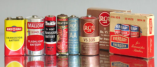 Vintage batteries: Ray-O-Vac 1604 (9V, USA), Mallory M14F Size C (1.5V, USA), Thrifty NEDA 15, size AA (1.5V, USA), Bright Star No. 59 '4-40' is stamped on this battery which may be its date of manufacture (1.5V, USA), RCA AA, RCA VS 335 (1.5V, USA), boxes of four RCA VS 334 penlites and Eveready No. 1015 penlites (1.5V, USA). AKA penlights. From 'More Batteries' at the web's largest private collection of antiques & collectibles at https://www.ericwrobbel.com/collections/batteries-2.htm