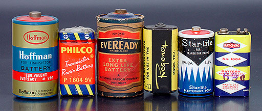 Vintage collectible batteries: Hoffman D-cell (1.5V, Japan), Philco P 1604 (9V, Taiwan), an old Eveready 950 dated August 1947 (1.5V, USA), Regency 215 (22.5V, USA), Star-lite UM-2A C-cell (1.5V, Japan), Ray-O-Vac 1604 (9V, USA). From 'Collecting Batteries' at the web's largest private collection of antiques & collectibles: https://www.ericwrobbel.com/collections/batteries.htm
