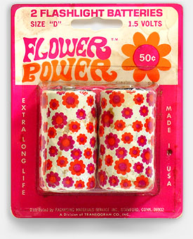 Vintage batteries: Flower Power 'D' size batteries in package. Distributed by Packaging Materials Service Inc., Stamford, Conn 06902, a division of the toymaker Transogram. From 'More Batteries' at the web's largest private collection of antiques & collectibles at https://www.ericwrobbel.com/collections/batteries-2.htm