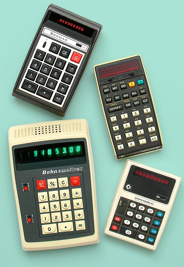 In the early 1970s when the pocket calculator was new, they were all the rage. One of the earliest players was Bowmar and this 901 B was their first. Made in the US in 1971 and priced at $240 (that's over $1300 today!) Below, Bohn Omnitrex from 1973. Right: US-made Hewlett-Packard Model 25 from 1975. Below , Commodore Minuteman-3 from Japan. From 'Pocket Calculators' at the web's largest private collection of antiques & collectibles: https://www.ericwrobbel.com/collections/calculators.htm