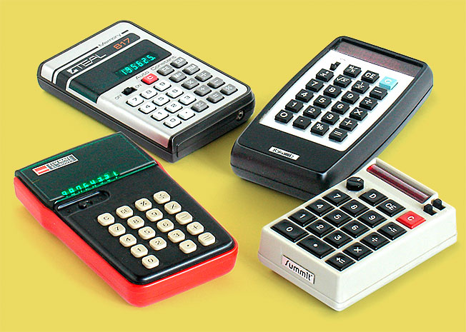 In the early 1970s, pocket calculators were all the rage, like these: The Teal 817 (Japan) featured a nice wrap-around front panel, to the right of it is the US-made RBM Scientific. The red Sharp Elsi-Mate EL-8005S is from 1975 (Japan) and the unique Summit was made by NCE Nuclear in the US in 1972-73. From 'Pocket Calculators' at the web's largest private collection of antiques & collectibles: https://www.ericwrobbel.com/collections/calculators.htm