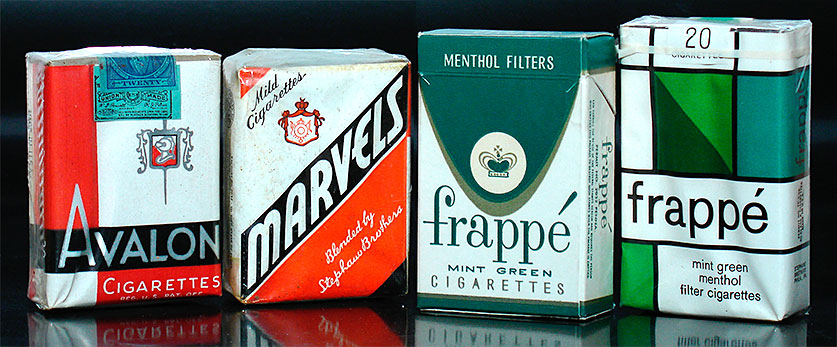 Vintage Collectible cigarette packs: A very stylish pack of Avalon Cigarettes from Brown & Williamson, a nicely-designed pack of Marvels from Stephano Brothers, Philadelphia, and a couple of packs of mint green Frappé, also from Stephano Brothers. From 'Cigarette Packs' at the web's largest private collection of antiques & collectibles: https://www.ericwrobbel.com/collections/cigarettes-packs.htm