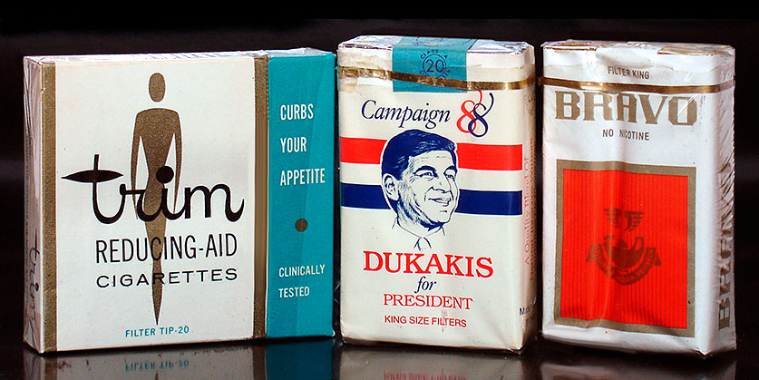 Trim Reducing-Aid Cigarettes 'curb your appetite' presumably with the tartaric acid they contain. Now there's a concept! From 1958. And here's something else that will curb your appetite: Michael Dukakis For President! That's right, folks, as late as 1988 politicians were 'smoking for victory.' Bravo lettuce cigarettes.  From 'More Cigarettes and Smoking' at the web's largest private collection of antiques & collectibles: https://www.ericwrobbel.com/collections/cigarettes-and-smoking.htm