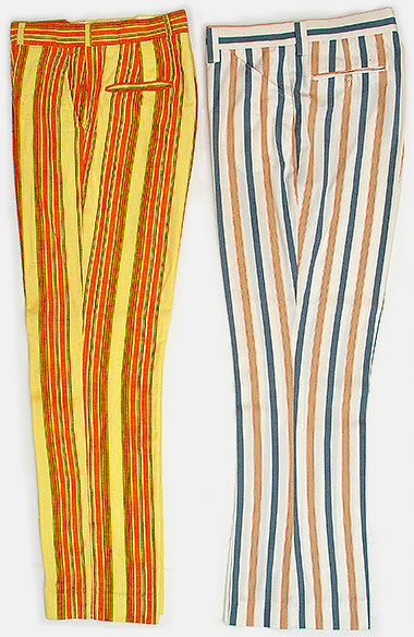 Vintage clothes! These crazy yellow Atkinsons Lido Boat Pants (California, USA) are fine, thin cotton and the white striped cotton/poly pants are from Farah (USA). I estimate the Atkinsons as c.1960 and the Farah slacks as c.1970. From 'Vintage Clothes' at the web's largest private collection of antiques & collectibles: https://www.ericwrobbel.com/collections/clothes.htm