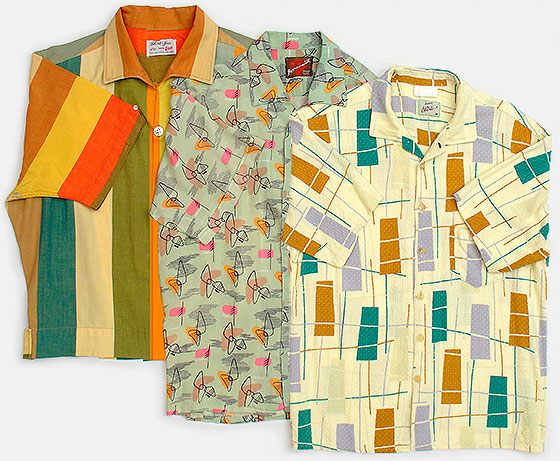 Vintage fifties modern mid-century shirts. The cotton shirt at left is an Enro Shirt-Jac with adjustable side-tabs (USA), the rayon one in the middle's tag reads 'Produced by Peppermint Marajuku.' The fabulous yellow Buenos Liberto shirt is from Italy.  From 'Vintage Clothes' at the web's largest private collection of antiques & collectibles: https://www.ericwrobbel.com/collections/clothes.htm