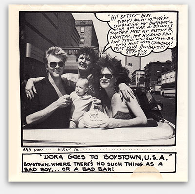 'Dora Goes To Boystown, U.S.A.' Cover of a funny, early Betsey Johnson catalog from around 1982. With photo of Betsey, Chantal, Phil, and Amanda. A creative, interesting catalog featured on 'Collecting Design' at the web's largest private collection of antiques & collectibles: https://www.ericwrobbel.com/collections/collecting-design-1.htm