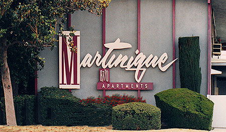 The concept of 'Collecting Design' illustrated with this excellent and exuberant lettering on the Martinique Apartments in Arleta California, north of Van Nuys. More at the web's largest private collection of antiques & collectibles: https://www.ericwrobbel.com/collections/collecting-design-1.htm