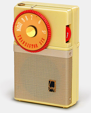 The first Sony radio sold in the United States, this is the Sony TR-63 transistor radio from 1957. Early examples showed the company's original name, Tokyo Tsushin Kogyo, Ltd., on the back. This beautiful and influential design came in four color schemes: yellow & red, all red, black, and a two-tone green. From 'Collecting Variants' at the web's largest private collection of antiques & collectibles: https://www.ericwrobbel.com/collections/collecting-variants.htm