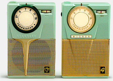 Experienced transistor radio hounds will recognize the Standard SR-F22 from 1958 and its Mignon variant. Other variant cousins of these radios include the Hitachi TH-621, AMC TR-600, and Lafayette FS-110. From 'Collecting Variants' at the web's largest private collection of antiques & collectibles: https://www.ericwrobbel.com/collections/collecting-variants.htm
