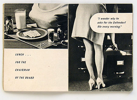 'Office Boy's Diary,' a vintage 1955 booklet of sexist and mostly stupid gags & jokes. This was given out by Brown & Bigelow of St. Paul, Minnesota to promote their 'Remembrance Advertising' business (calendars, etc.) to other businesses. It's amazing that at one time people actually thought the attitudes expressed here were good for business. From 'Collecting Pop Culture' at the web's largest private collection of antiques & collectibles: https://www.ericwrobbel.com/collections/culture.htm