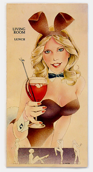 Vintage Los Angeles Playboy Club menu cover features gorgeous 'pinup' artwork on a par with Elvgren and Petty. Circa 1980. From 'Collecting Pop Culture' at the web's largest private collection of antiques & collectibles: https://www.ericwrobbel.com/collections/culture.htm
