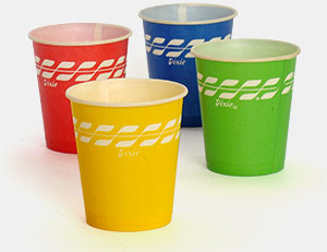 Colorful vintage 1960s version of the Dixie Cup. Devised in 1912 more for health reasons than mere convenience, the Dixie cup was called 'Health Kup' until 1919. Before disposable cups and water fountains, it was common for people to use a community cup or dipper to drink water from public water barrels, easily spreading disease. From 'Our Disposable Culture' at the web's largest private collection of antiques & collectibles: https://www.ericwrobbel.com/collections/disposable-2.htm