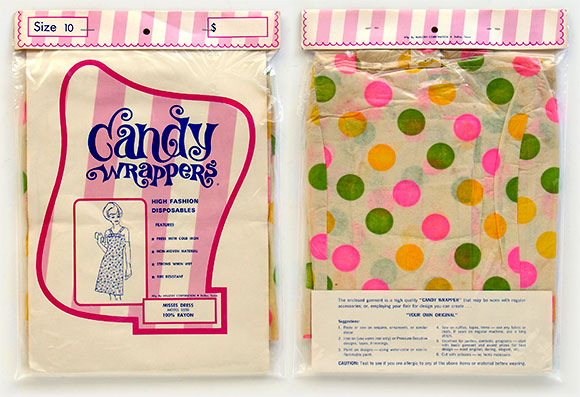 Vintage 'Candy Wrappers' Disposable Rayon Dress. 'High Fashion Disposables' mfg. by Mallory Corporation, Dallas, Texas. More vintage paper dresses at 'Disposable Panties and Other Gems' at the web's largest private collection of antiques & collectibles: https://www.ericwrobbel.com/collections/disposable-1.htm