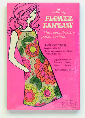 Hallmark 'Flower Fantasy' vintage paper dress is 'the revolutionary paper fashion paper party dress.' Package says 'shorten with scissors to desired length.' Made of 93% cellulose, 7% nylon, and 'fire resistant.' By Hallmark Cards, Inc., Kansas City. Made in USA. More vintage paper dresses at 'Disposable Panties and Other Gems' at the web's largest private collection of antiques & collectibles: https://www.ericwrobbel.com/collections/disposable-1.htm