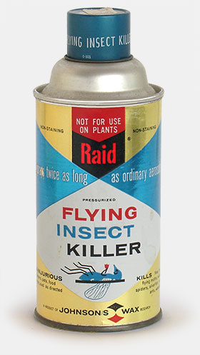 Vintage Raid Pressurized Flying Insect Killer from Johnson's Wax, c. 1960s. Not often thought of as a disposable item because it may contain enough for several uses, nevertheless the aerosol can is indeed a single-use item because it can't be refilled. It replaced manual, refillable, hand sprayers. From 'Our Disposable Culture' at the web's largest private collection of antiques & collectibles: https://www.ericwrobbel.com/collections/disposable-2.htm