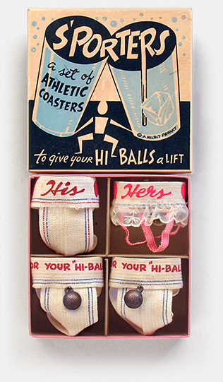 Nutty, naughty 'S'porters' vintage party coasters from around 1960. A riff on 'athletic supporter' (yuk, yuk) This is 'a set of athletic coasters to give your hi balls a lift.' My goodness, I'm blushing. More naughty novelty coasters and drink-related collectibles at 'Drinks, Anyone?' at the web's largest private collection of antiques & collectibles: https://www.ericwrobbel.com/collections/drinks-1.htm