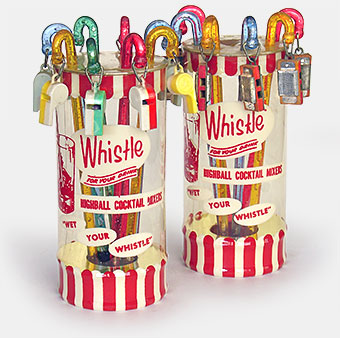 Vintage 'Whistle for your Drink Highball Cocktail Mixers.' And they couldn't resist adding 'Wet your whistle' to the package. Note the ones on the left have whistles on them, of course, but the others have little harmonicas. From 'Drinks, Anyone?' at the web's largest private collection of antiques & collectibles: https://www.ericwrobbel.com/collections/drinks-1.htm