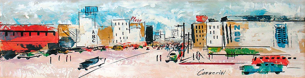 Vintage painting of Sunset & Vine in Hollywood, looking northwest. Signed Cammerini, it dates from (probably) the 1950s. NBC's Hollywood studio shown on the northeast corner was built in 1938 and demolished in the early '60s. Opposite is Wallichs Music City and up Vine street is ABC. From 'Fine Art In the Abstract' at the web's largest private collection of antiques & collectibles: https://www.ericwrobbel.com/collections/fine-art-2.htm