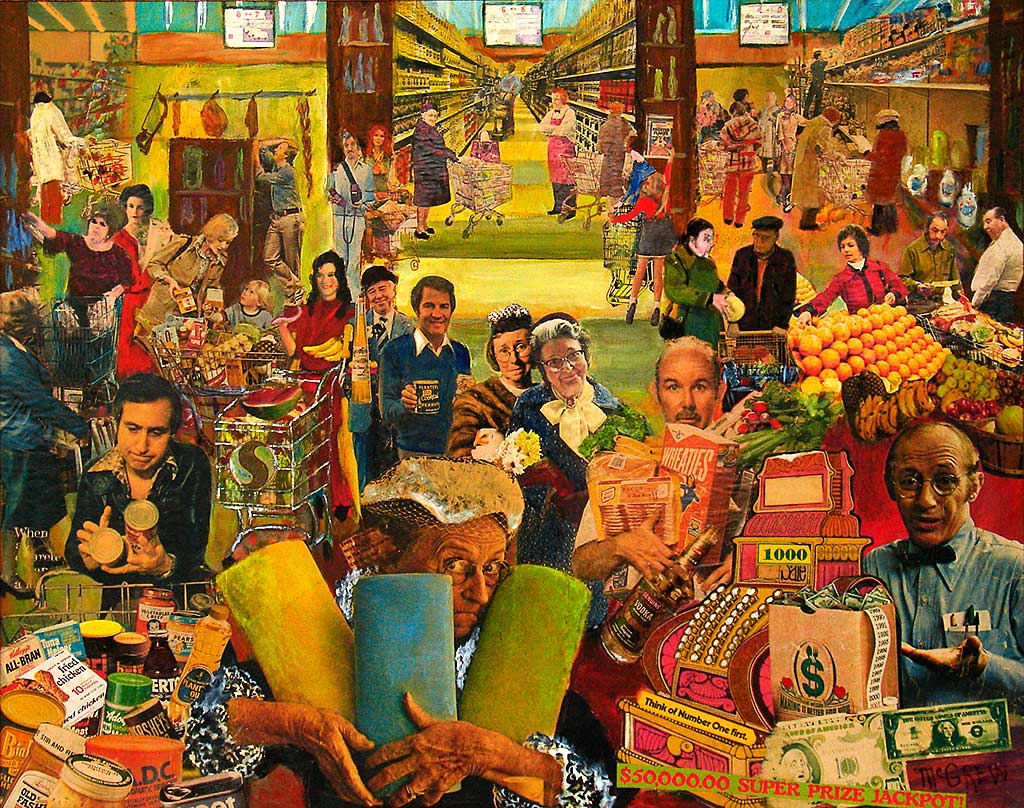 This vintage collage is probably more interesting for its '70s stuff than anything else. That's consumer advocate David Horowitz there on the left examining cans of beans for America. Signed McGrew. From 'Fine Art In the Abstract' at the web's largest private collection of antiques & collectibles: https://www.ericwrobbel.com/collections/fine-art-2.htm