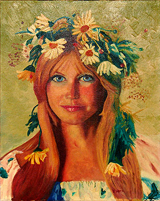 Vintage collectible art painting by E Horn. Woman with flowers in her hair at 'Fine Art, Big Eyes' at the web's largest private collection of antiques & collectibles: https://www.ericwrobbel.com/collections/fine-art-1.htm