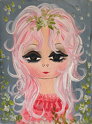 A vintage painting with BIG eyes which begs to be called 'Pink Lady.' It is acrylic on canvas board and is unsigned. All 'big-eyed' pictures are not from Keane, it seems. From 'Fine Art, Big Eyes' at the web's largest private collection of antiques & collectibles: https://www.ericwrobbel.com/collections/fine-art-1.htm