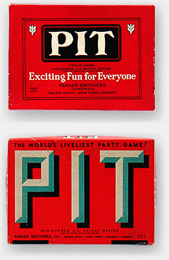 Vintage board games: Two more 'Pit' games. The edition at the top is from the 1940s, the one below from about 1958. I've played this game. It is loud and surprisingly fun, best with four or more players. Six is ideal. From 'Board Games and such' at the web's largest private collection of antiques & collectibles: https://www.ericwrobbel.com/collections/games.htm