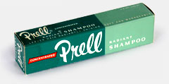 Vintage package design of exceptional quality for Prell shampoo, Proctor & Gamble, 1960-era. No amount of typography tricks like shadows, shading, or 3-D effects so evident on other packaging has ever improved on, or substituted for, simply good design. This box design is honest, and by implication has an honest product inside. From 'More Bathroom Collectibles' at the web's largest private collection of antiques & collectibles: https://www.ericwrobbel.com/collections/bathroom-2.htm
