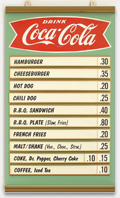 Vintage Coca-Cola menu board from a hamburger stand or diner, circa 1959. I'll have that B.B.Q. plate please, and a cherry Coke. From the web's largest private collection of antiques & collectibles: https://www.ericwrobbel.com/collections