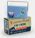 Vintage 1950s transistor radio in an unusual color. With original box. This Crown TR-820 was distributed by Shriro Corp. The hang tag says it is made with RCA transistors--interesting to think that some Japanese transistor radios had American transistors in them. From the web's largest private collection of antiques & collectibles: https://www.ericwrobbel.com/collections