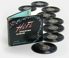 Vintage drink coasters like little records! Packaged in an 'album' like 78s. Inscribed 'American Federation of Musicians 50th Anniversary, Local 379, Easton, PA.' The cover says 'Hi-Fi Coaster Album' and inside it says: 'These eight little records.... so shiny and gay.... will safeguard your tables.... when guests come your way.' From the web's largest private collection of antiques & collectibles: https://www.ericwrobbel.com/collections
