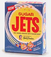 Sugar Jets breakfast cereal (General Mills). Bright colorful packaging first appeared on breakfast cereals in the later 1950, as on this Jets box. Jets were WONDERFUL and were my favorite as a kid and I miss them and I want them back now! From 'Kitchen Collectibles' at the web's largest private collection of antiques & collectibles: https://www.ericwrobbel.com/collections