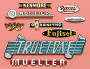 Wonderful vintage nameplates from Kenmore, Royal, Notifier, Featherlite, Webcor, Zenith, Fujiset, Truetone, and Mueller. From 'Nameplates and Lettering' at the web's largest private collection of antiques & collectibles: https://www.ericwrobbel.com/collections
