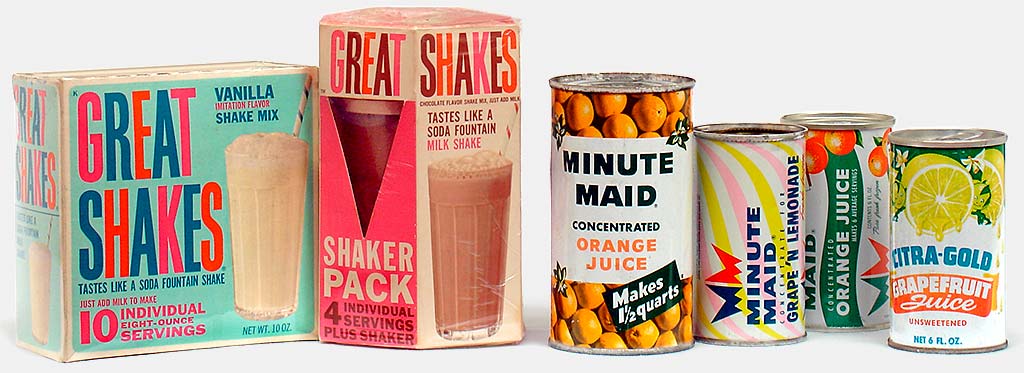 Vintage collectibles in the kitchen: Great Shakes Drink Mix packets and dispenser (General Foods) mid-late 1960s, Minute Maid Concentrated Orange Juice (Minute Maid Corp, New York) c.1950, Concentrate for Grape 'N Lemonade and Concentrated Orange Juice (both Minute Maid, Orlando Florida) c.early 1960s, Citra-Gold Grapefruit Juice (E.A. Silzle Co.) 1938. From the web's largest private collection of antiques & collectibles: https://www.ericwrobbel.com/collections/kitchen-collectibles.htm