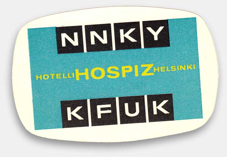 Helsinki is about the only word I understand on this luggage label, NNKY, KFUK, Hotelli Hospiz Helsinki. From 'Luggage Labels & Airlines' at the web's largest private collection of antiques & collectibles: https://www.ericwrobbel.com/collections/labels.htm