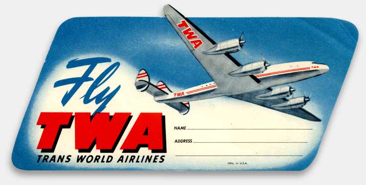 TWA (Trans World Airlines) luggage label from 'Luggage Labels & Airlines' at the web's largest private collection of antiques & collectibles: https://www.ericwrobbel.com/collections/labels.htm