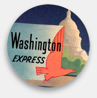 Washington Express luggage label from 'Luggage Labels & Airlines' at the web's largest private collection of antiques & collectibles: https://www.ericwrobbel.com/collections/labels.htm