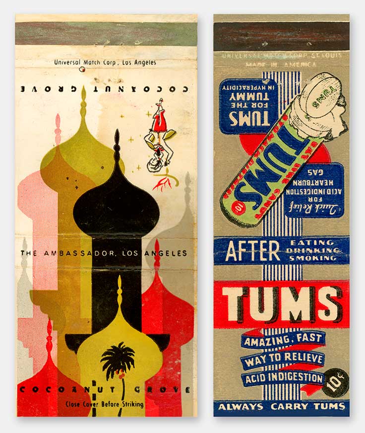 Vintage antique matchcover collecting: Ambassador Hotel Cocoanut Grove, Tums. From 'Matchcovers and Matchbooks' at the web's largest private collection of antiques & collectibles: https://www.ericwrobbel.com/collections/matchcovers.htm