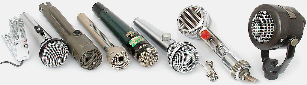 Collectible Vintage Microphones Aiwa CM-30 stereo condenser microphone (Japan), Shure Spher-O-Dyne PE53 (USA), Electro-Voice 666 (USA), Electro-Voice RE15 (USA)-another 'Elvis mike,' Altec 683B (USA), Shure 585SAV Unisphere A (USA), tiny ball mike on tie clasp ( Japan), Universal 'Handi-Mike' 200-TC (USA), and the Legend IC/TMC-IT Buships (Turner 99). From 'Microphones' at the web's largest private collection of antiques & collectibles: https://www.ericwrobbel.com/collections/microphones.htm