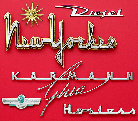 Vintage lettering nameplates: Many of the best were created for cars. Chrysler produced more than their share of great ones, including 'New Yorker' seen here. Karmann Ghia from Volkswagen is exceptional, as is 'Diesel' from Peugeot. Youngstown Kitchens by Mullins is a nice nameplate example in cloisonné. Origin of the Hostess lettering is unknown.  From 'Nameplates and Lettering' at the web's largest private collection of antiques & collectibles: https://www.ericwrobbel.com/collections