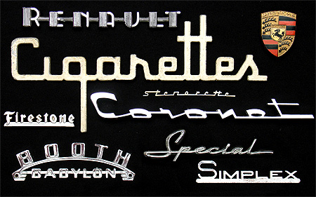 Vintage nameplates: The French automaker Renault features a timeless lettering style. 'Cigarettes,' of course comes from a vending machine, Stenorette from some sort of steno dictating office machine. The Coronet is an automobile model of the Dodge brand. Special is a Buick.  From 'More Nameplates and Lettering' at the web's largest private collection of antiques & collectibles: https://www.ericwrobbel.com/collections/nameplates-lettering-2.htm