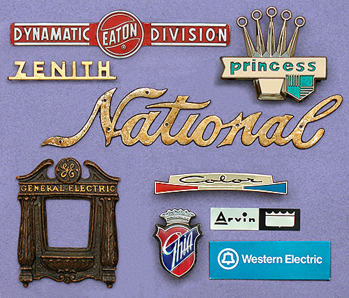 Vintage collectible nameplates: Eaton Dynamatic Division, Zenith, Princess, National (National Cash Register, NCR?), General Electric, Ghia, Arvin, Western Electric. The Arvin plate, like the Western Electric below it, is simple, flat, and plain, a late-'60s styling iwe used to call 'smart.' The Color badge is from a 1960s television set. From the web's largest private collection of antiques & collectibles: https://www.ericwrobbel.com/collections/nameplates-lettering-2.htm