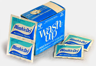Disposable 'handy wipes' from the 1960s. 'Wash-Up, 26 Moist Towelettes, the instant cleanser and refresher.' Box dated 1965. Youngs Drug Products Corporation, New Jersey. The loose packets are 'Wash'n Dri Moist Disposable Towelettes.' 'Washes and refreshes without water, soap, or towel.' By Canaan Products (Colgate-Palmolive). From 'Nothing New Under the Sun' at the web's largest private collection of antiques & collectibles: https://www.ericwrobbel.com/collections/nothing-new.htm